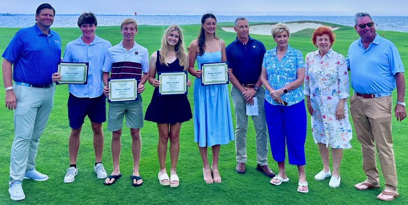The Delaware Junior Golf Scholarship Fund recently announced the 2025 winners of college stipends the fund provides for up to four years. Shown are (l-r) Jay Whitby, Steele Songle, Travers Johnson, Krista Brosius, Reagan Garnsey, Jerry Medd, Carole Ann Medd, Linda Outlaw and Brian Barrows. SUBMITTED PHOTOS